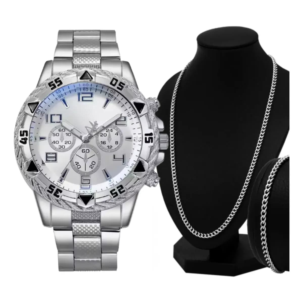 Relógio Masculino Quartzo Prova D'água Kit Corrente Pulseira